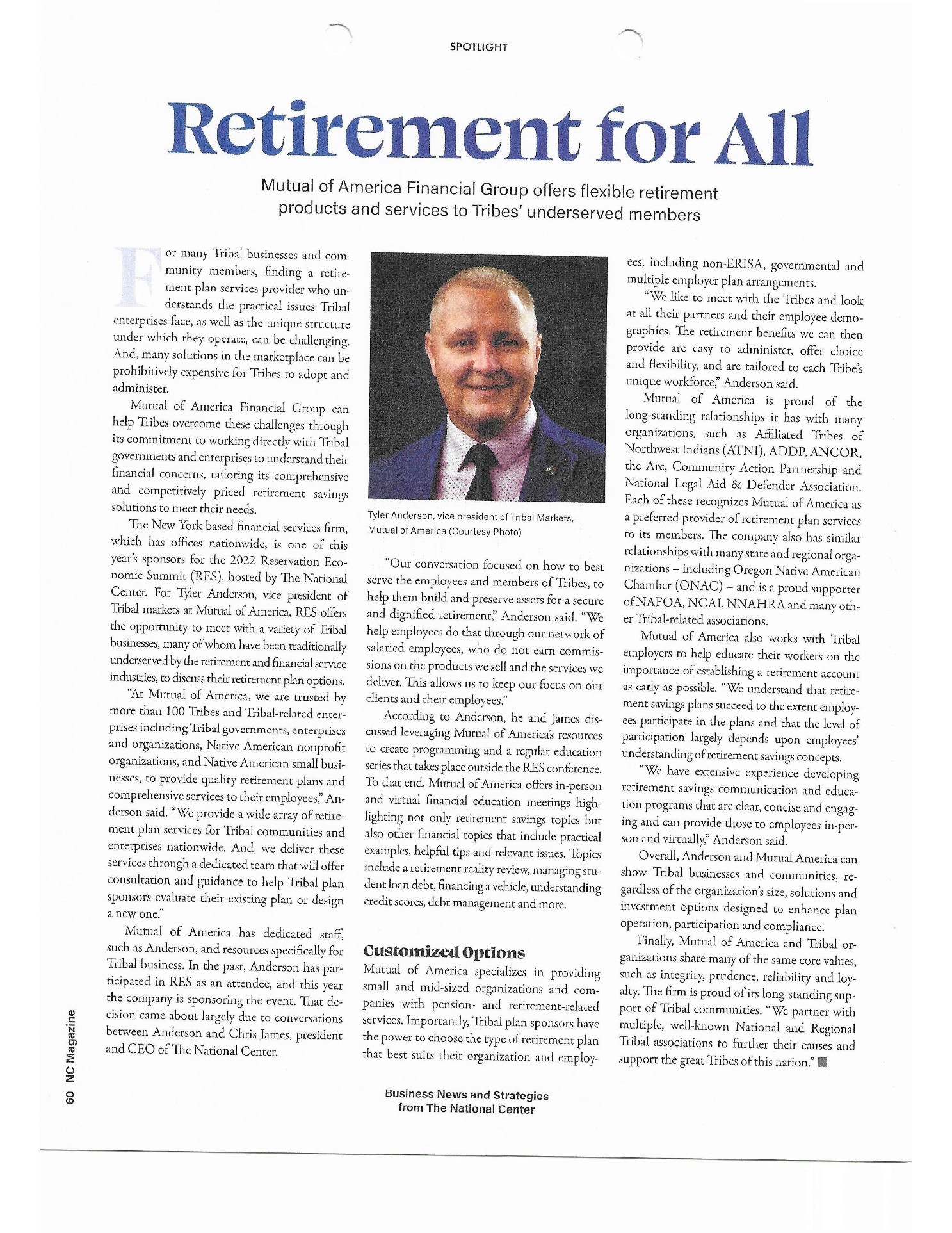 Tyler Anderson featured in Tribal REZ Magazine - Retirement for All article about Mutual of America