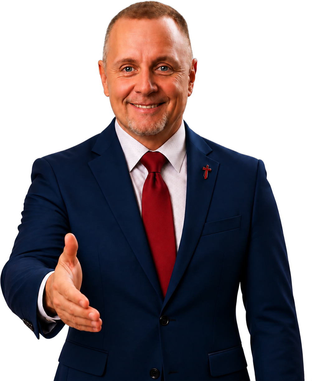 Tyler Anderson in a navy suit and red tie extending his hand